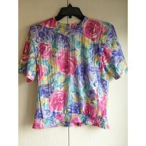 Graff Californiawear Women's Pink Purple Floral Pastel Short Sleeve Top Size 8